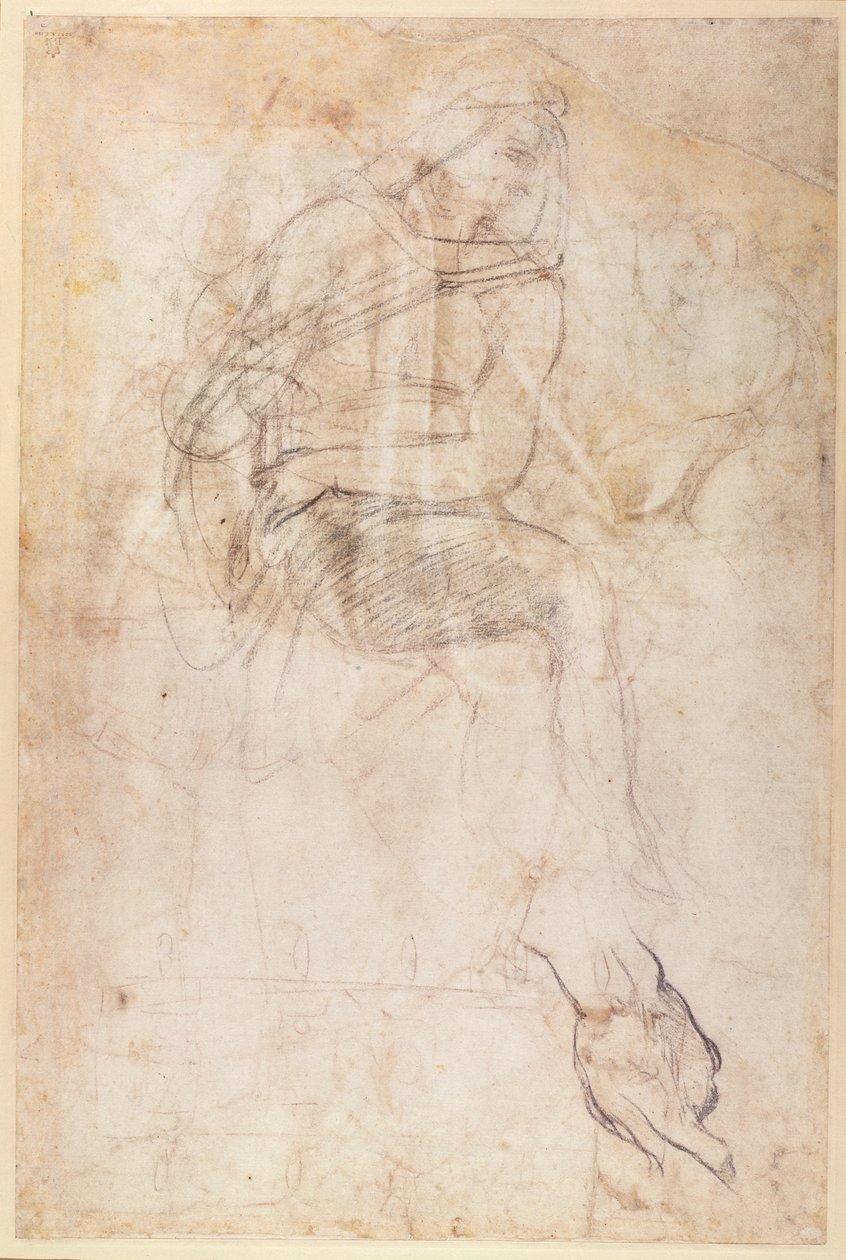 Studie for Ignudi over den persiske sibylla i det sixtinske kapell, 1508-12 (kull på papir) (verso) av Michelangelo Buonarroti