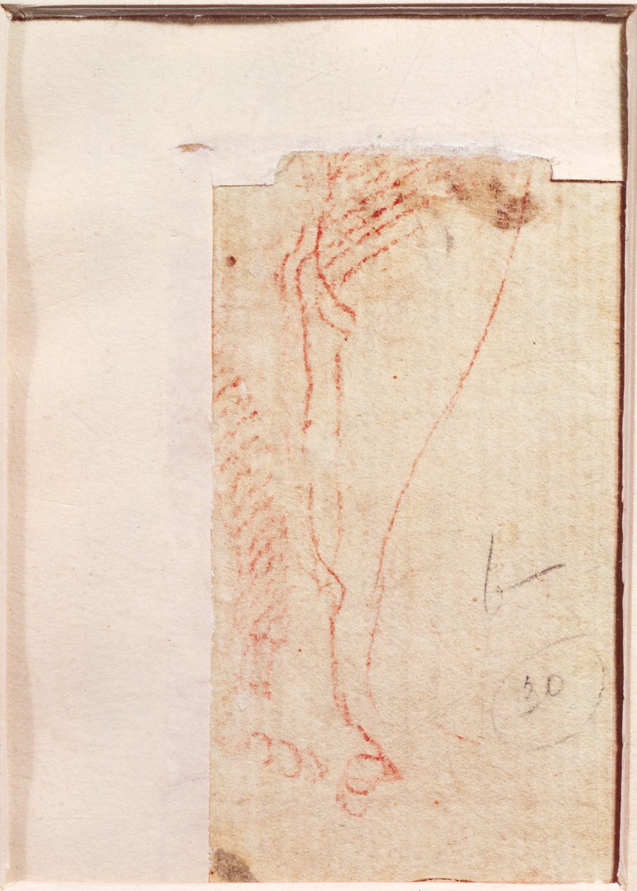 Studie av Kristi føtter spikret til korset (rødt kritt på papir) (verso) av Michelangelo Buonarroti