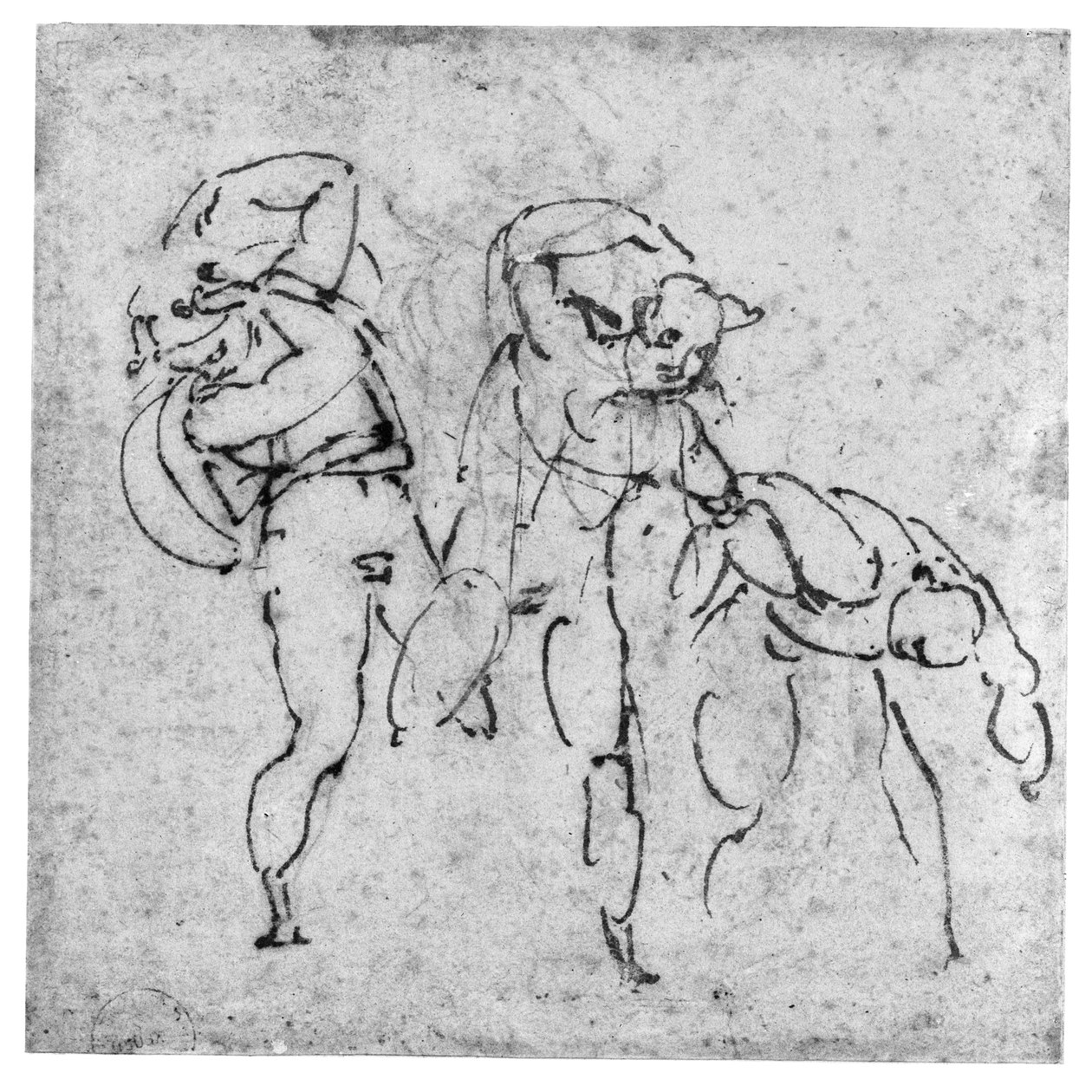 Study of Three Figures, ca. 1517-20 (penn og brunt blekk over ledepunkt på off-white papir) av Michelangelo Buonarroti