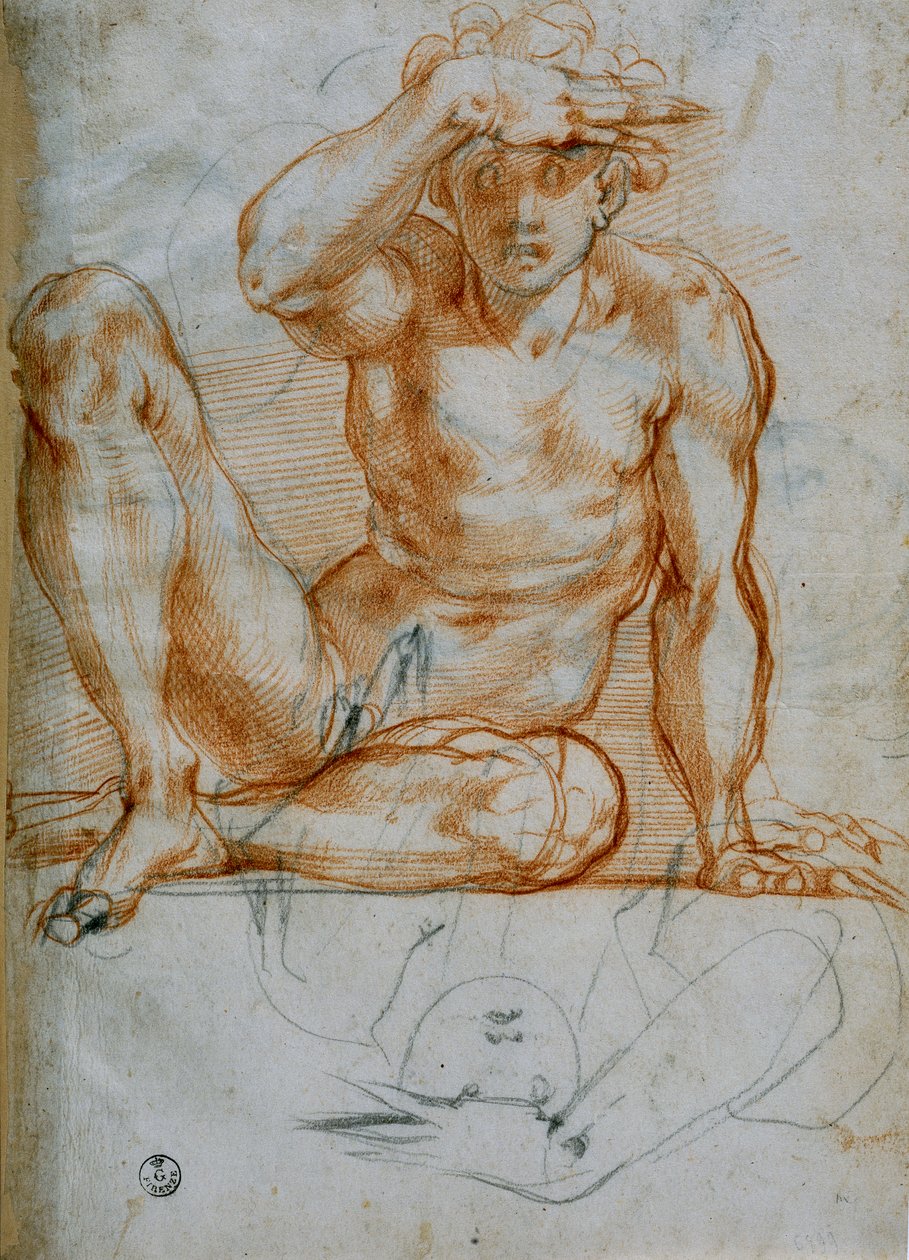 Studie av en naken som lager en skygge med hånden (6599 F), rød blyant på papir, Michelangelo Buonarroti (1475-1564), Cabinet of Drawings and Prints, The Uffizi Gallery, Firenze av Michelangelo Buonarroti