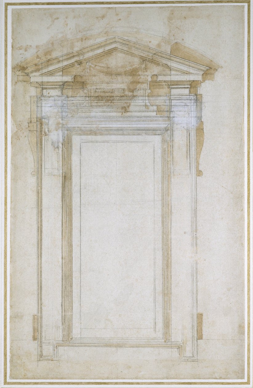 Studie av et vindu med trekantgavl, ca. 1546 (svart kritt, vask, penn og blekk på papir) av Michelangelo Buonarroti