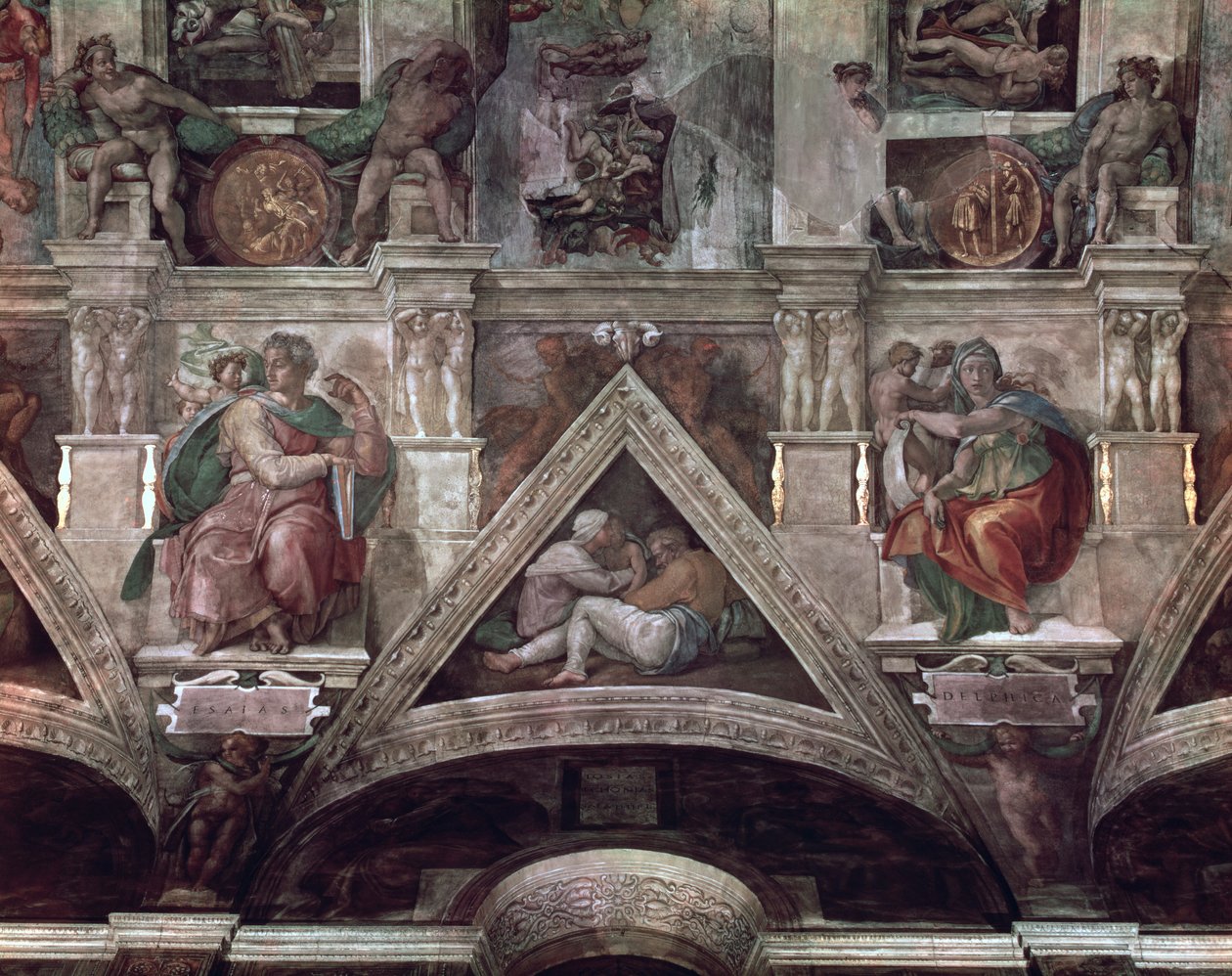 Det sixtinske kapells tak (1508-12): Profeten Jesaja og den delfiske sibylla (forhåndsrestaurering) av Michelangelo Buonarroti