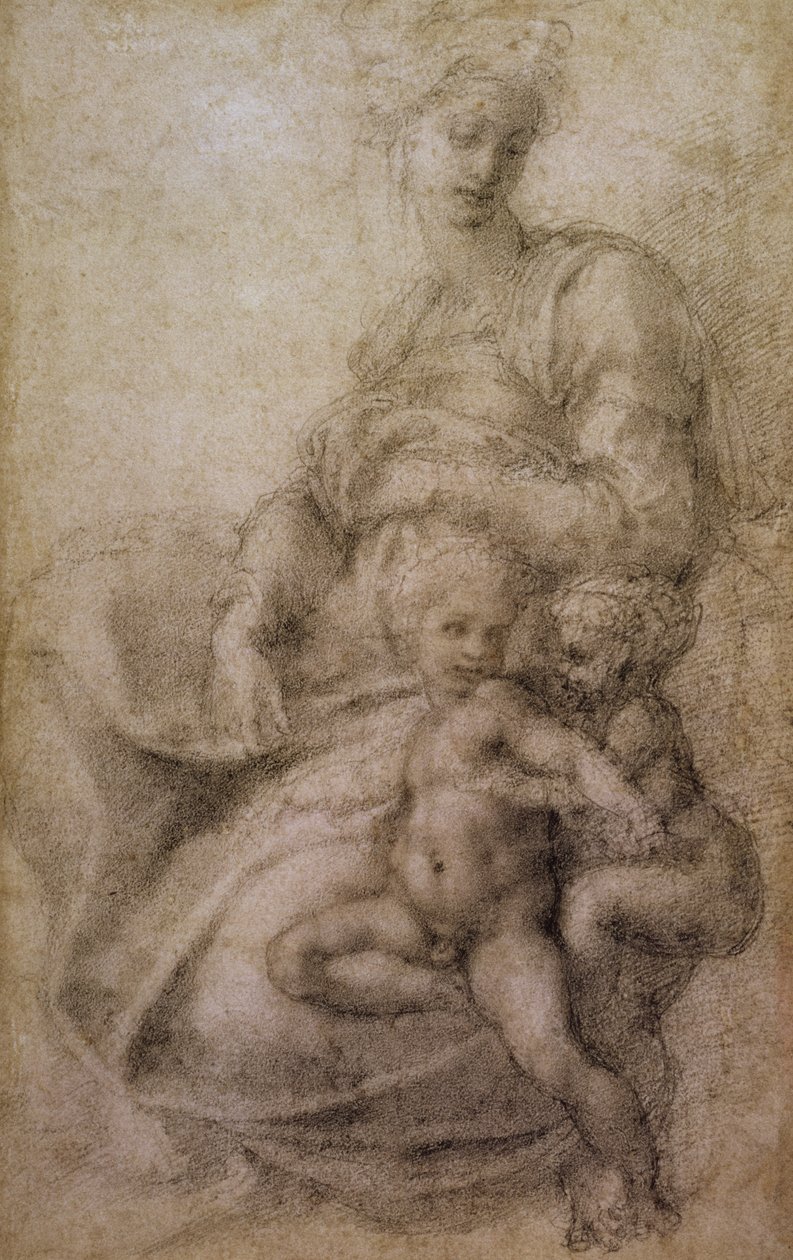 Jomfruen og barnet med spedbarnsdøperen, ca. 1530 (svart kritt på papir) av Michelangelo Buonarroti