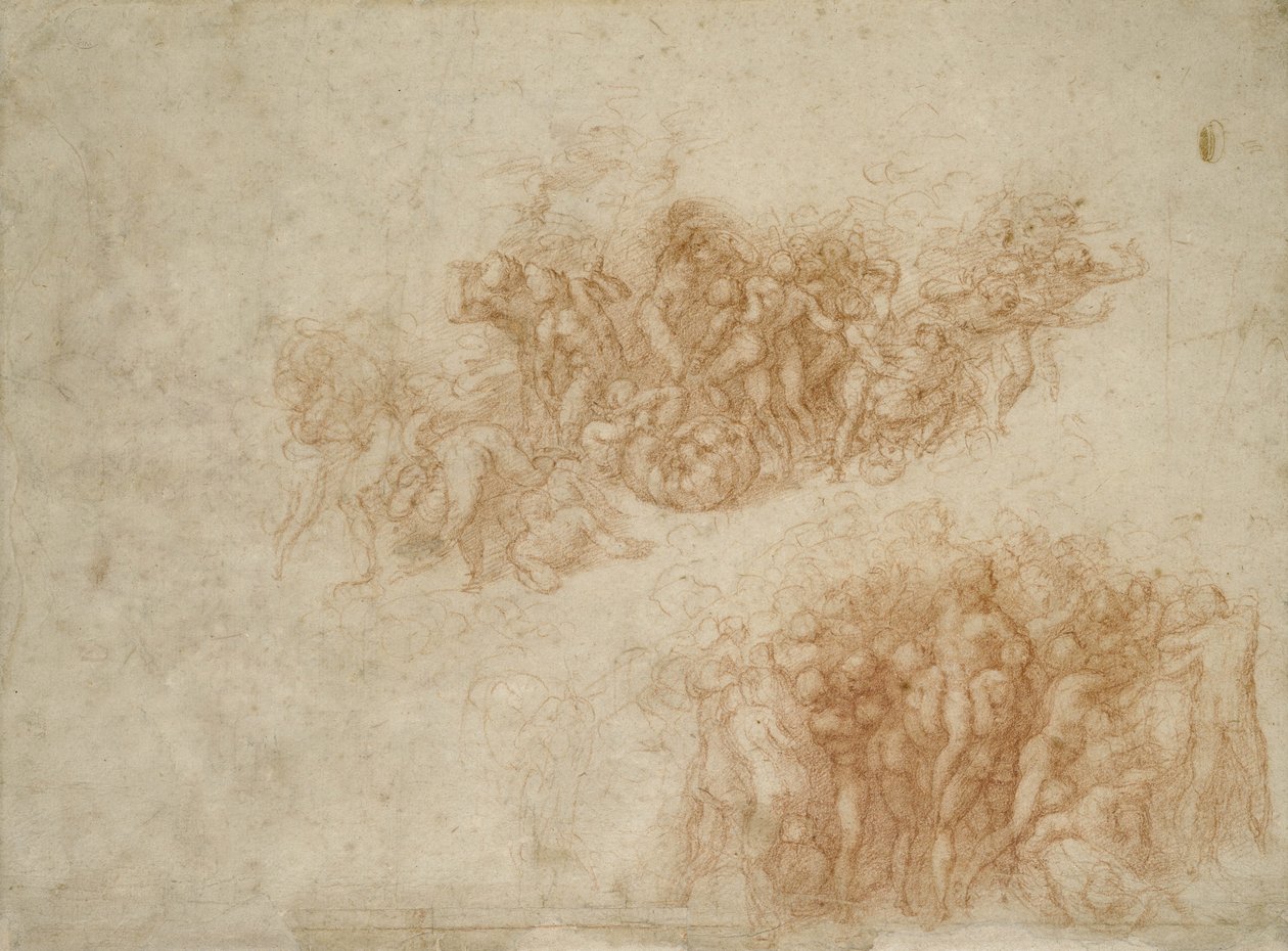 The Worship of the Brazen Serpent, ca. 1530 (rødt kritt på papir) av Michelangelo Buonarroti