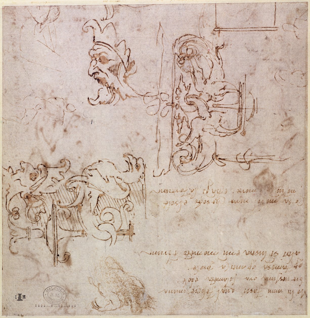 W.3v Grovt skisserte design for møbler og dekorasjoner (penn og blekk) av Michelangelo Buonarroti