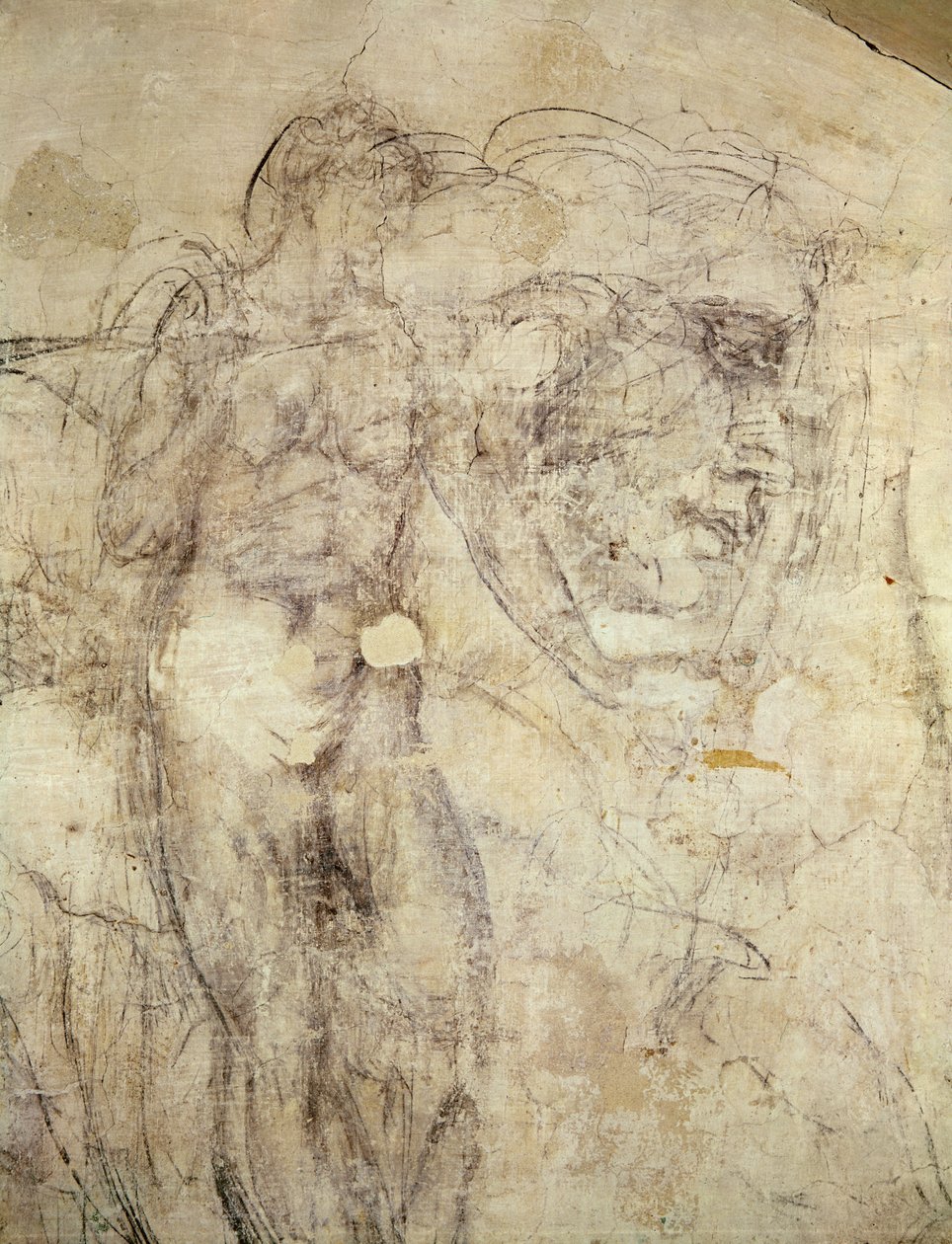 Veggtegning av en kvinneskikkelse og et hode, ca. 1530 (kull på gips) av Michelangelo Buonarroti