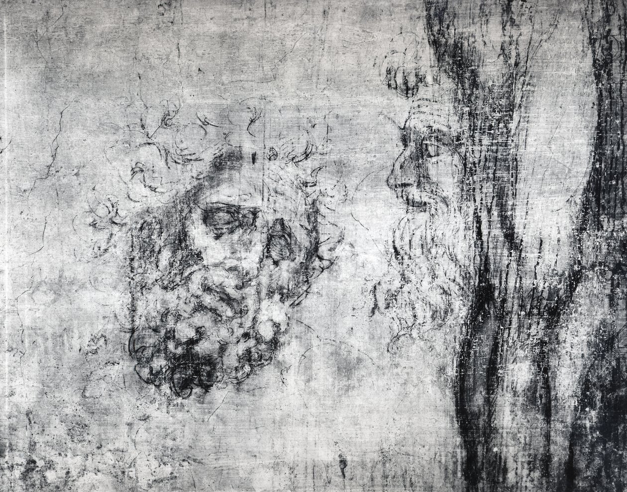 Veggtegning av to hoder, ca. 1530 (kull på gips) av Michelangelo Buonarroti
