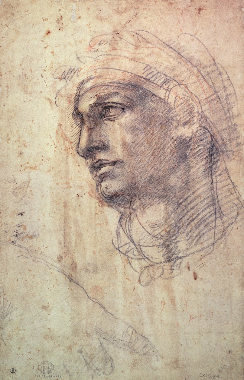 Studie av et hode (kull på papir) av Michelangelo Buonarroti