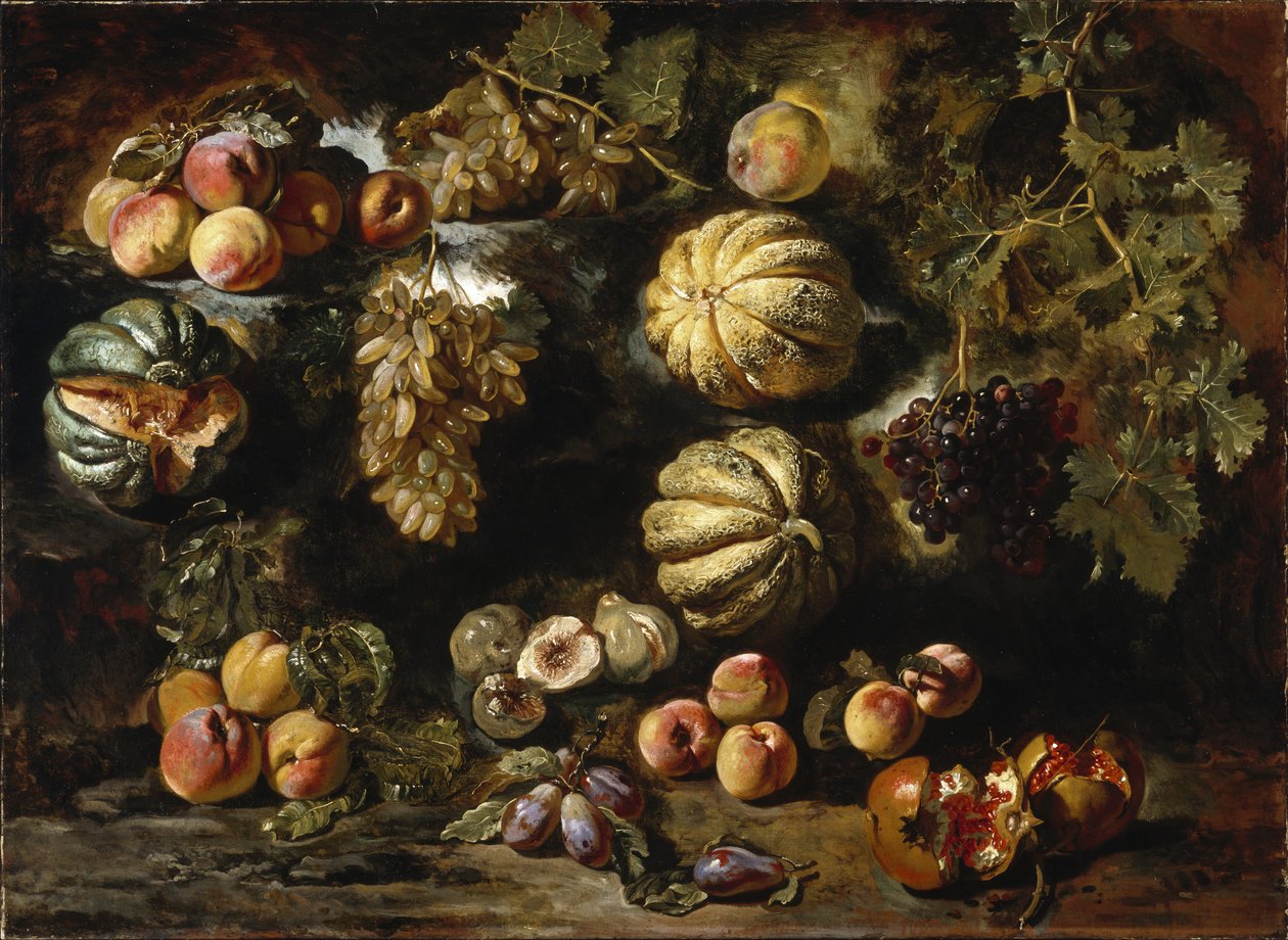 Stilleben med meloner, fersken, fiken og druer, ca. 1640-1650 av Michele Pace del Campidoglio