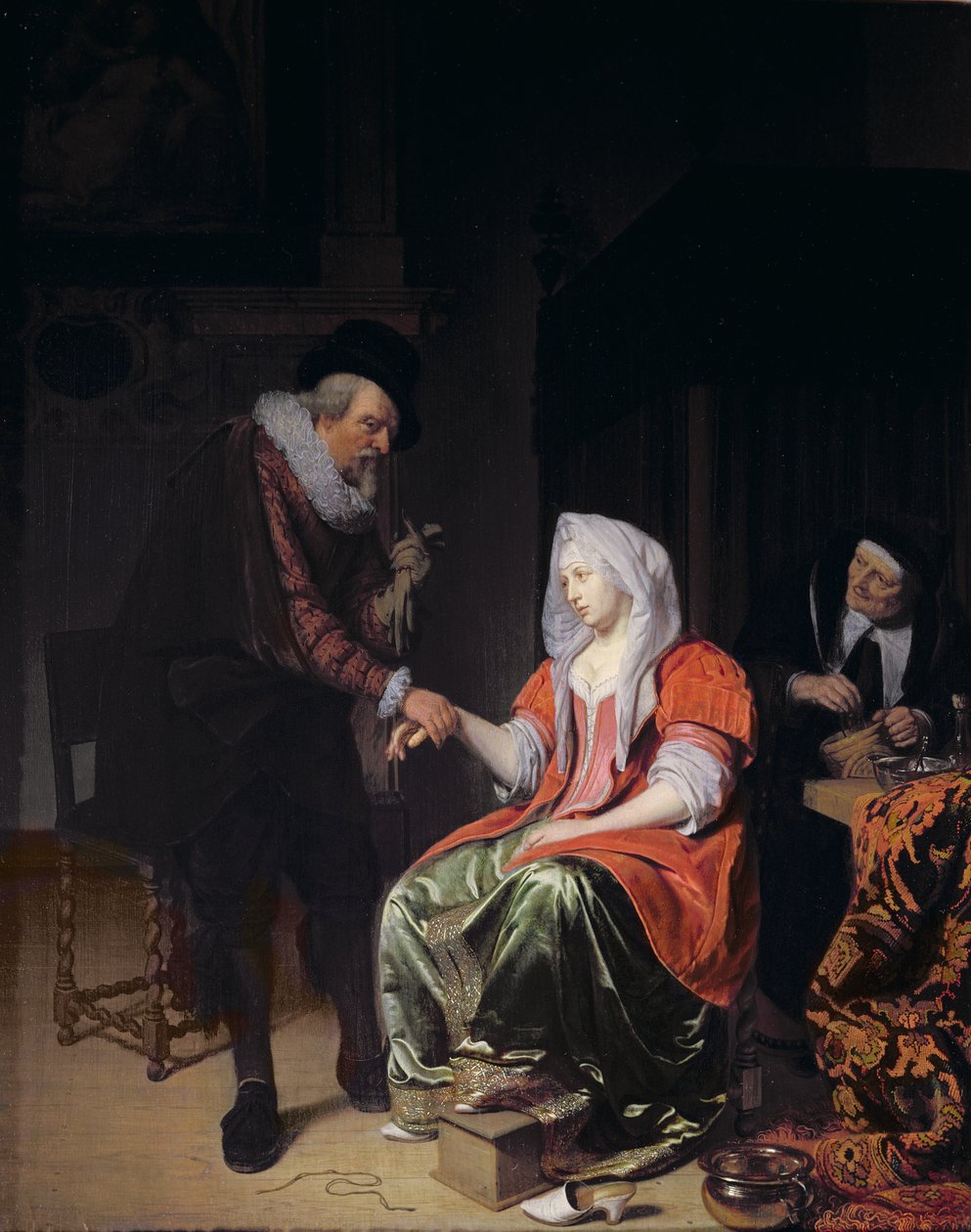 Legen tar en ung kvinnes puls av Michiel van Musscher