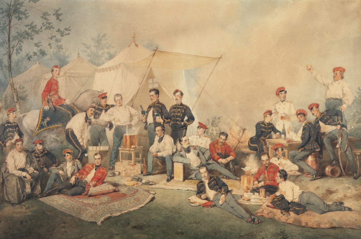 Husars Carouse, 1873 (wc på papir) av Mihaly von Zichy