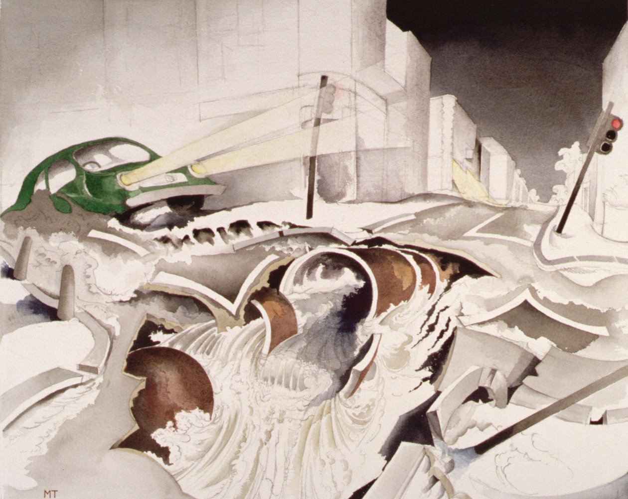 Fleet River forsøker en flukt ved Chetwynd Road, 1998 (wc på papir) av Miles Contemporary Artist Thistlethwaite