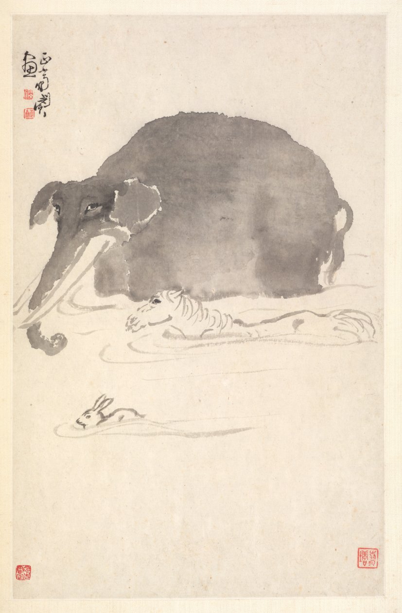 Elefant, hest og hare, 1788. av Min Zhen