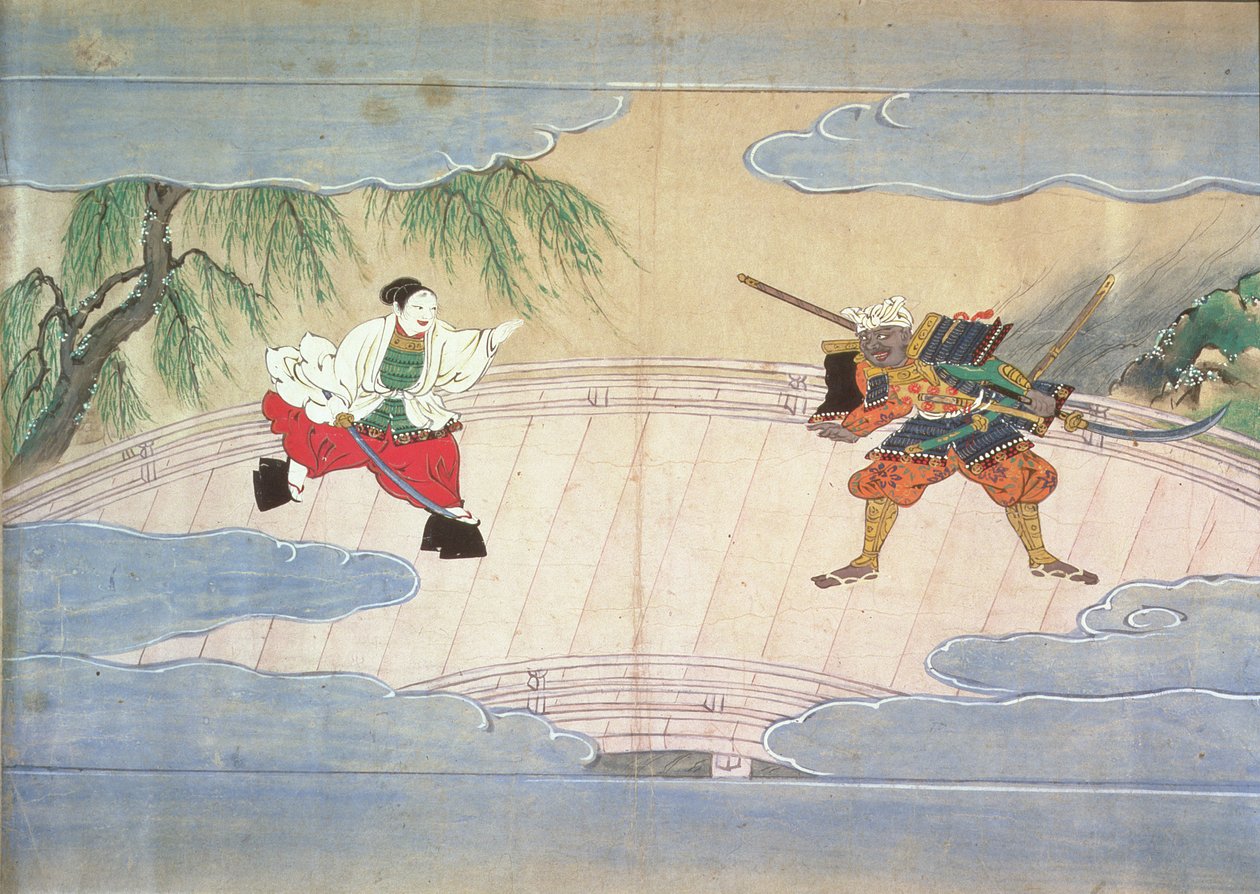 The Tale of Musashibo Benkei (blekk, pigment, sølv og gull på papir) av Mitsuhiro after Tosa