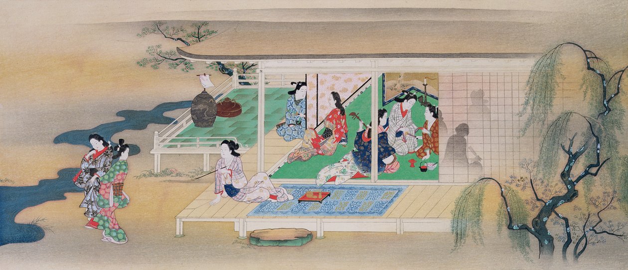 Musikalsk soaré under en måneskinn kveld i juni, illustrasjon fra magasinet Kokka, utgitt i 1905-6 av Miyagawa Chōshun