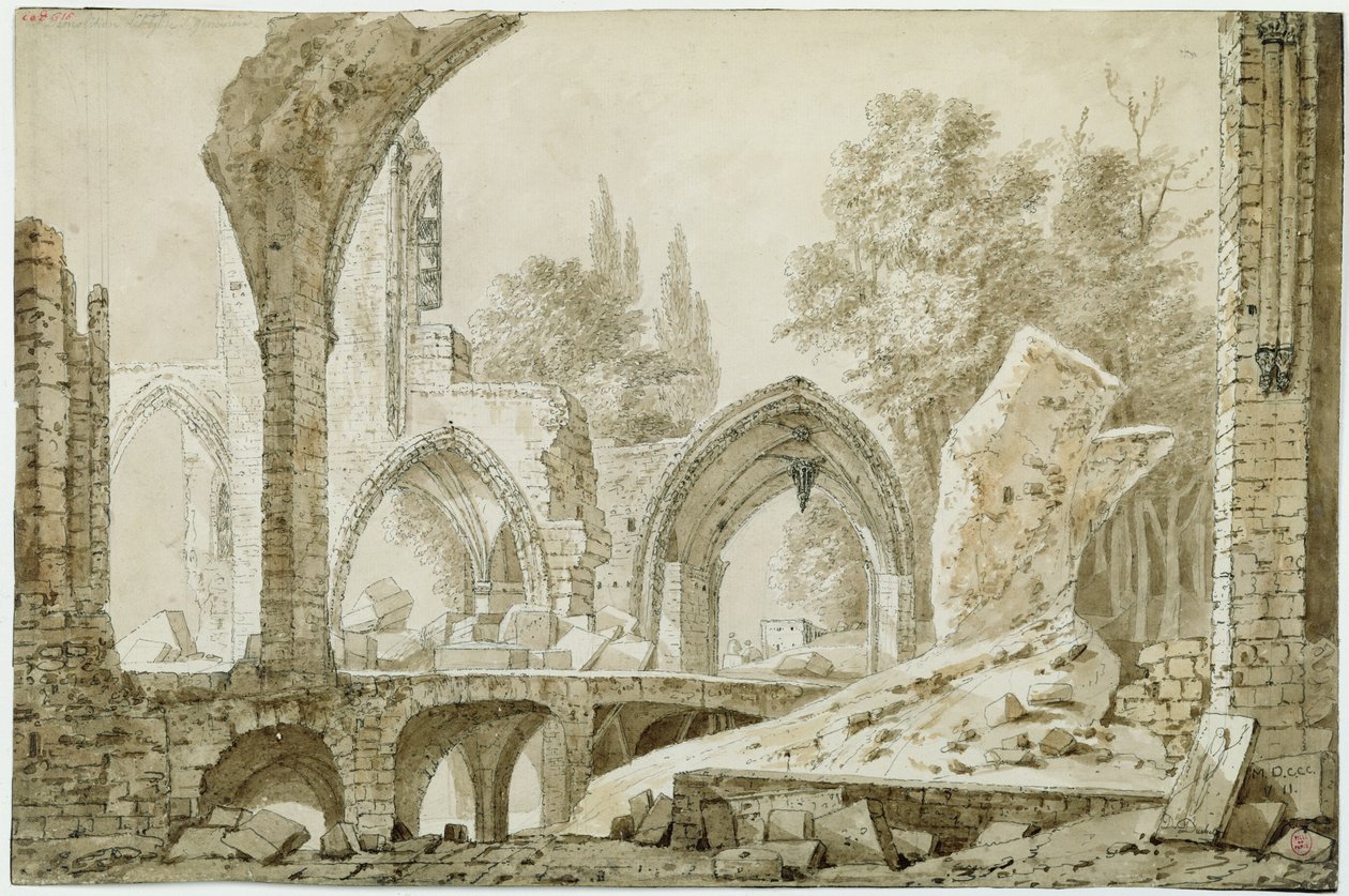 Interiør i kirken Sainte-Genevi ève i ruiner, 1807 (penn- og blekkvask på papir) av Mme. Duchateau