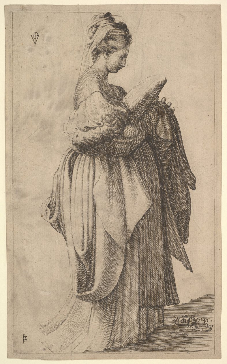 Kvinnefigur som holder en pute, 1643. av Monogrammist VCP