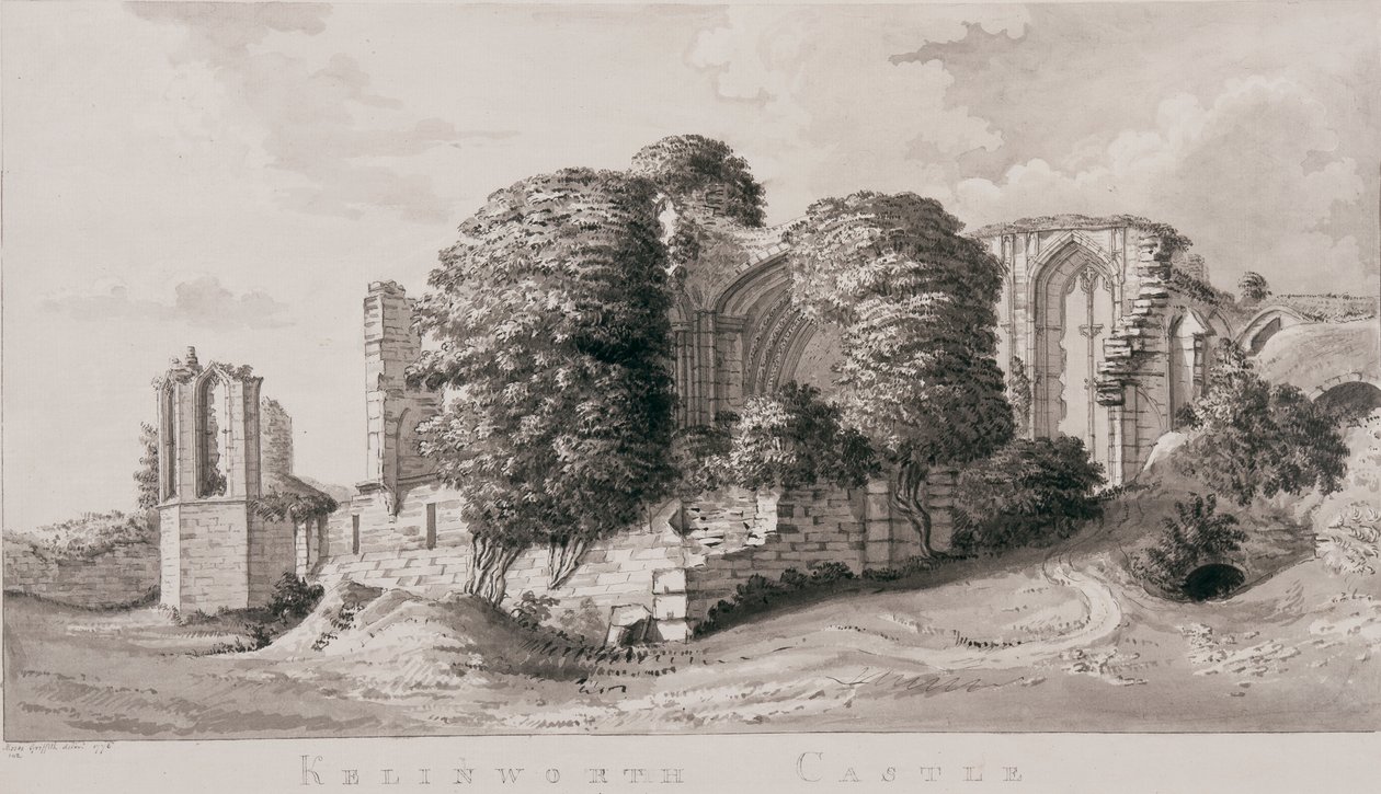 Kenilworth Castle, 1776 (penn, pensel og blekk på papir) av Moses Griffith