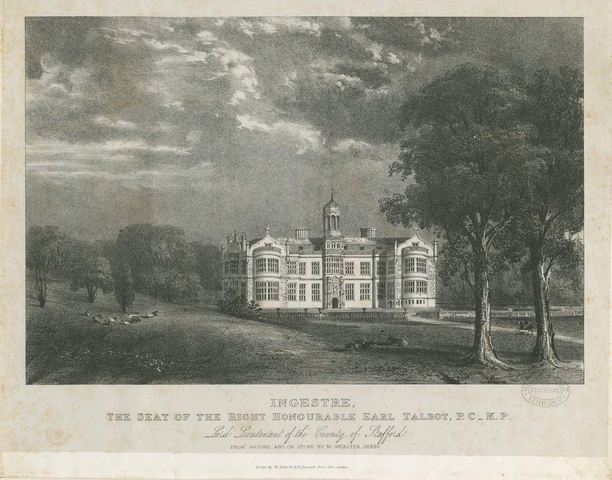 Ingestre Hall: litografi, nd [c 1840] av Moses Webster