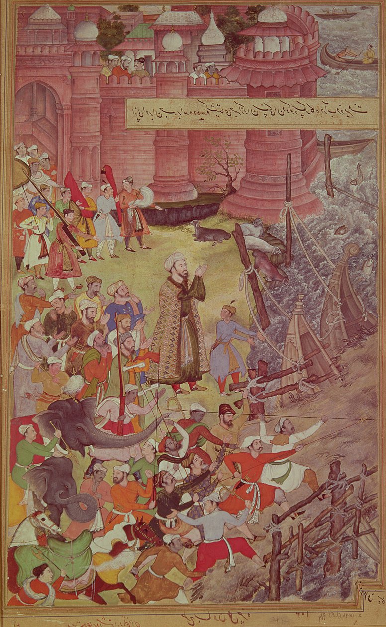 En bro av båter knust av Akbar (r.1556-1605) på elefanten hans mens han krysset elven Jumna, fra Akbarnama, ca. 1590, høyre side av en dobbeltside (se 99482) av Mughal School