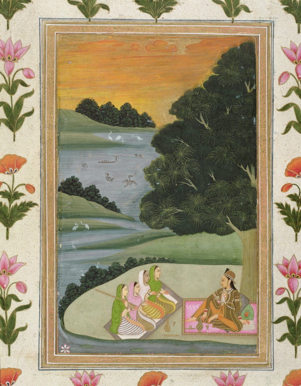 En prinsesse som lytter til kvinnelige musikere ved en elv ved solnedgang, fra Small Clive Album (ugjennomsiktig wc på papir) av Mughal School