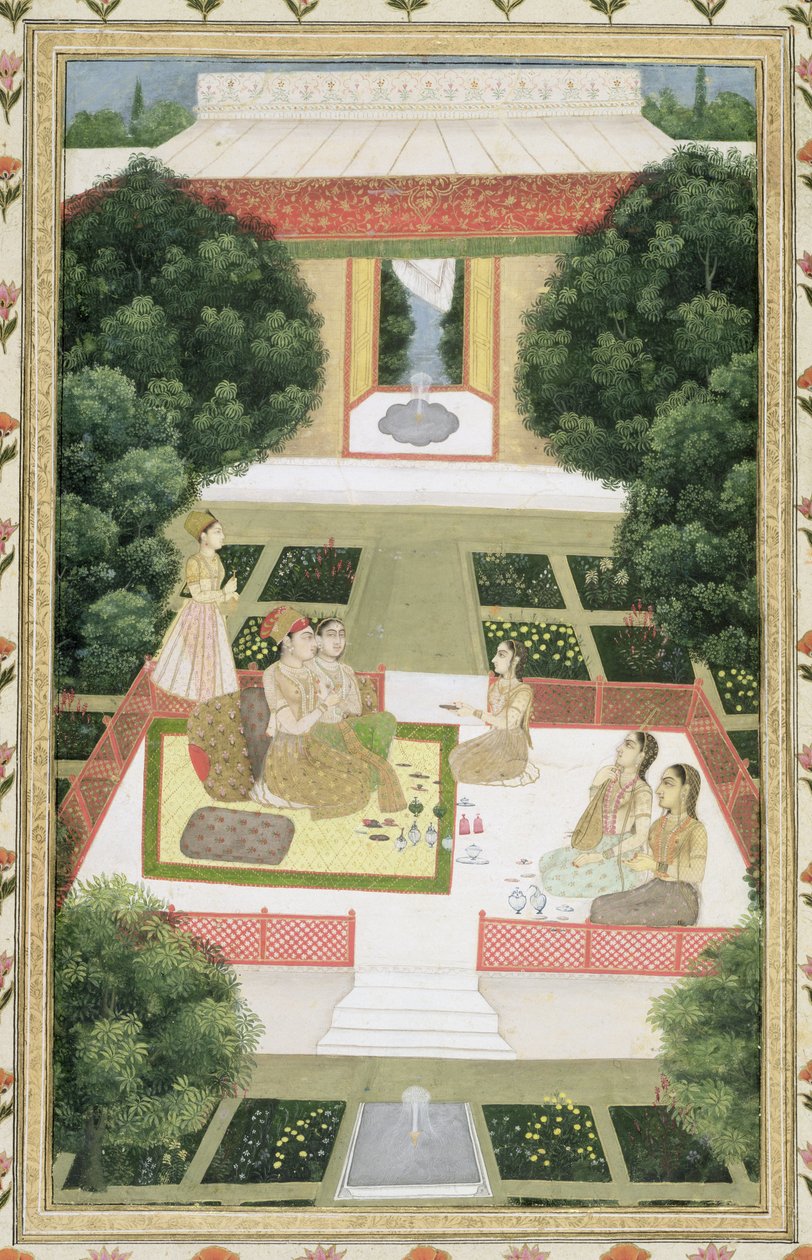 Et par i en hage lytter til musikk med kvinnelige ledsagere, fra Small Clive Album (ugjennomsiktig wc på papir) av Mughal School
