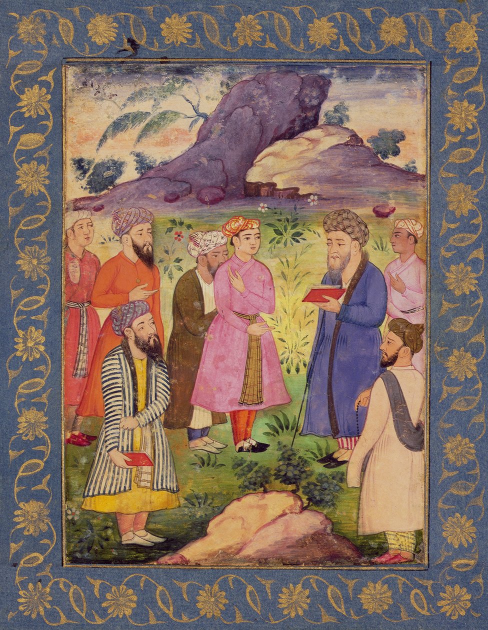 En adelig ungdom med ledsagere i et landskap, fra Large Clive Album, ca. 1605 (ugjennomsiktig wc på papir) av Mughal School