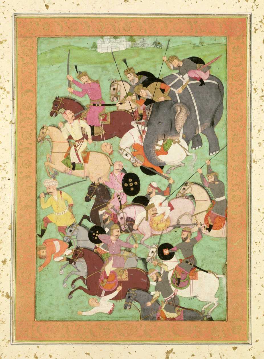 Kamp mellom styrkene til Iran og Turan, illustrasjon til Shahnama, Large Clive Album, midten av 1600-tallet (papir, gull og lær) av Mughal School