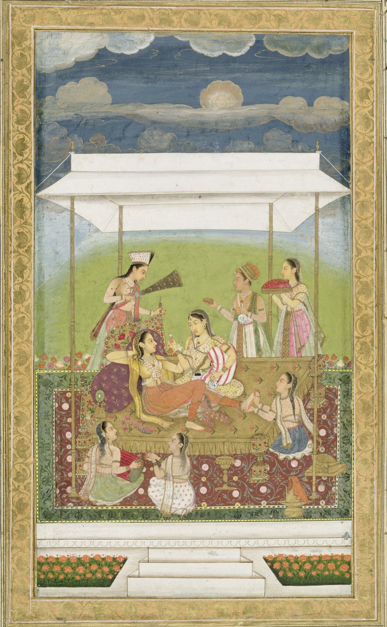 Damer som hører på musikk i en hage, fra Small Clive Album (ugjennomsiktig wc på papir) av Mughal School