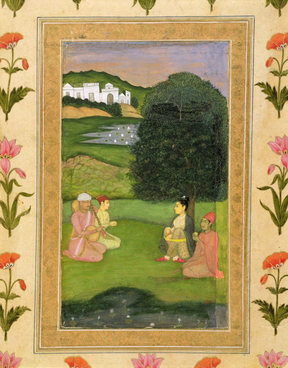 Dame og ledsager lytter til musikk ved solnedgang, fra Small Clive Album av Mughal School