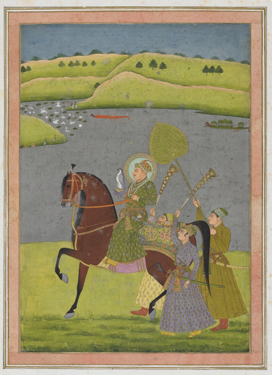 Ridesportrett av Muhammad Shah fra Impey Album, løsrevet manuskriptfolio, ca. 1730 (ugjennomsiktig akvarell og gull på papir) av Mughal School