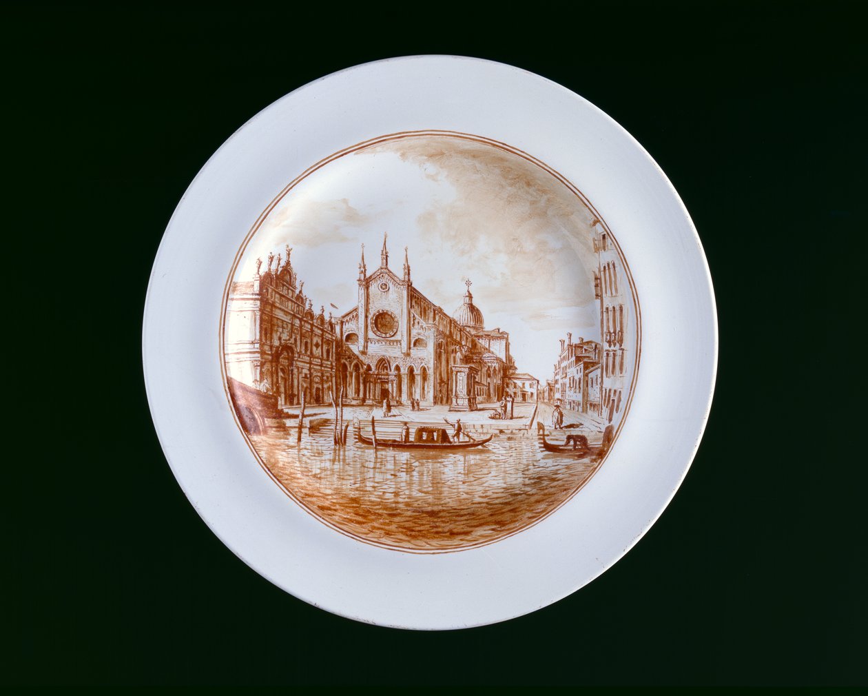 Tallerken med utsikt over SS Giovanni e Paolo, Murano Miotti Glasswork, Venezia, ca. 1741 (hvitt ugjennomsiktig glass (lattimo)) av Murano Miotti Family