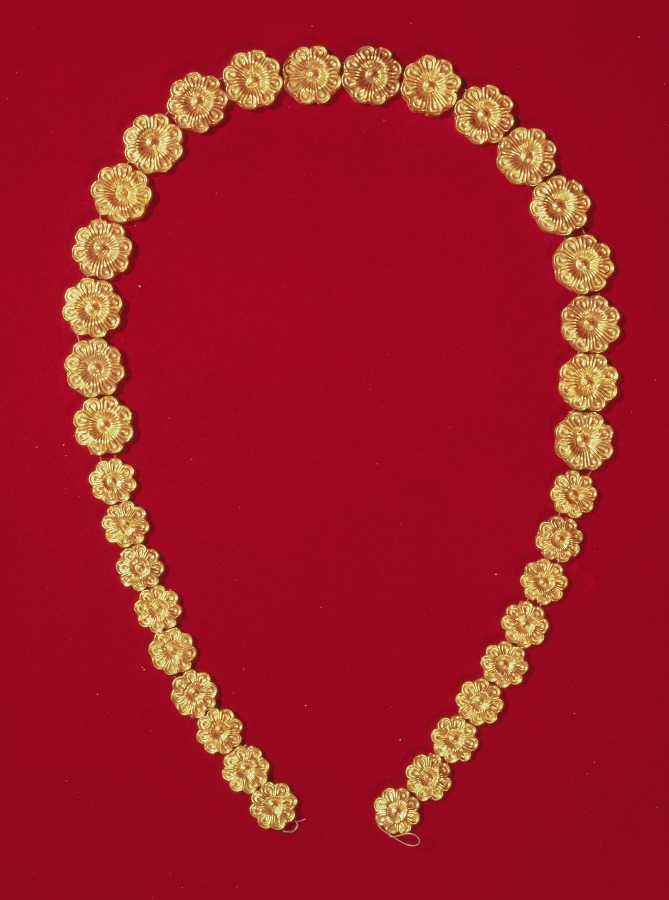 Halskjede av rosettformede relieffperler, fra Tholos-graven i Dendra, ca. 1400 f.Kr. (gull) av Mycenaean