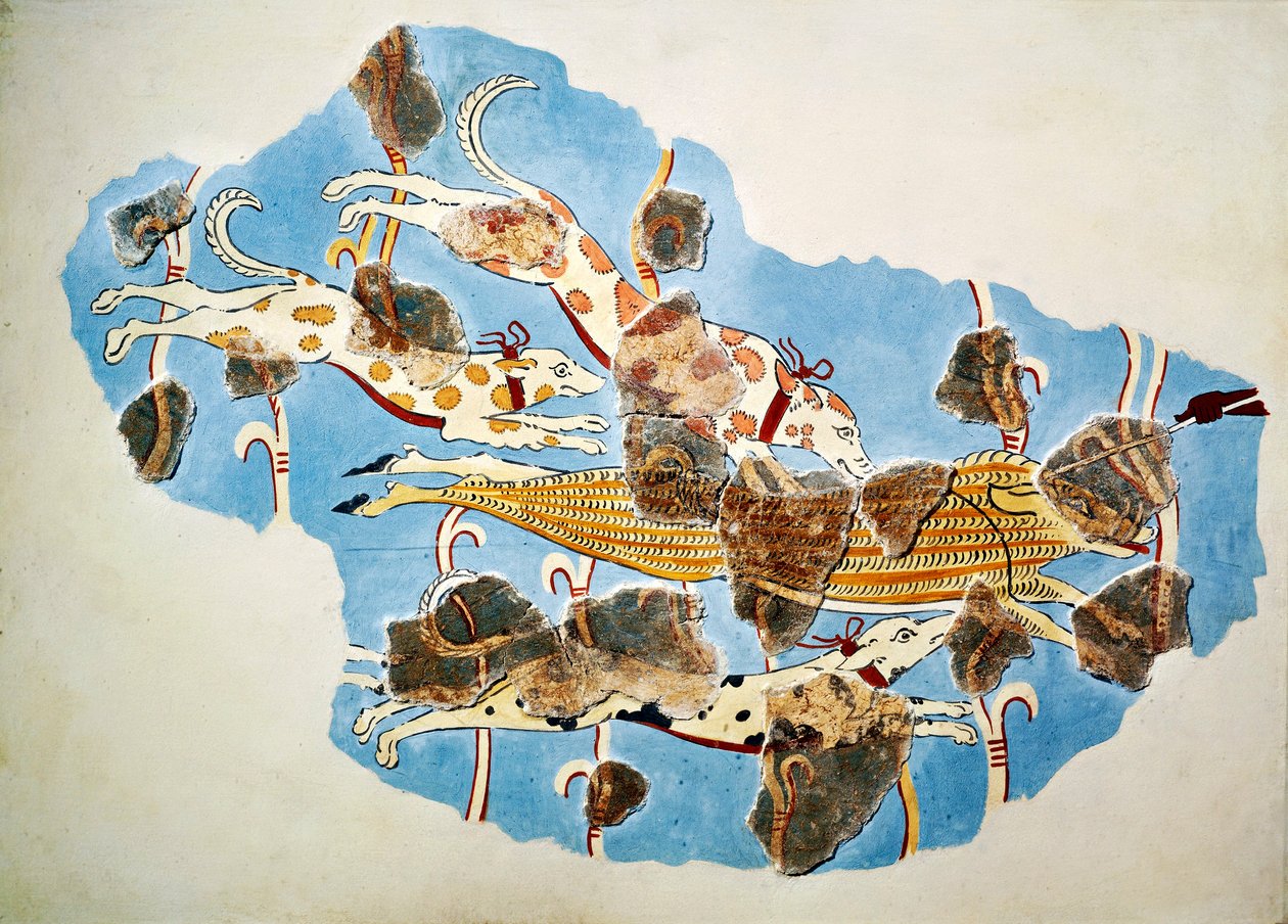 Fresco som viser jaktscene, fra Tiryns, Hellas av Mycenaean Mycenaean