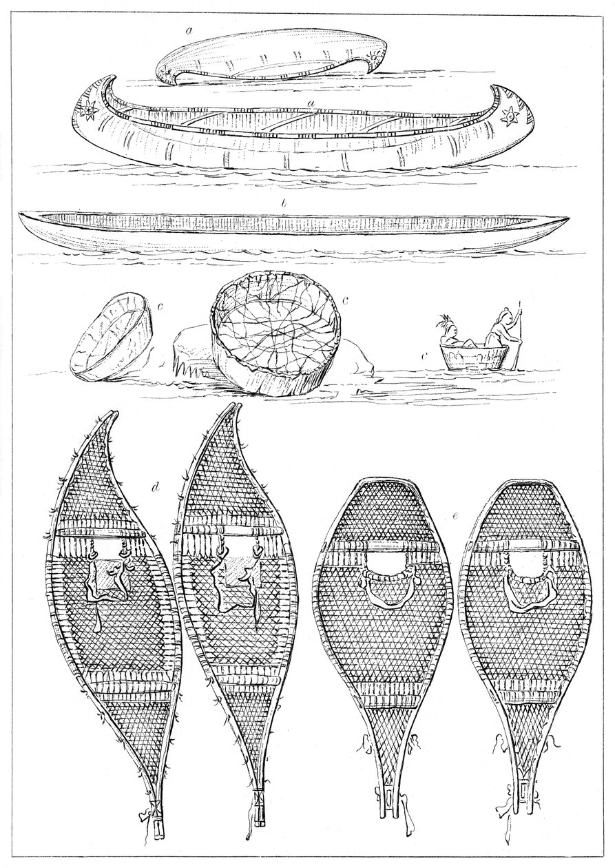 Sioux-kanoer og Chippewa-snøsko, 1841. av Myers and Co