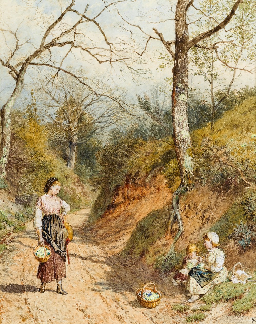Primrose Gatherers (wc på papir) av Myles Birket Foster