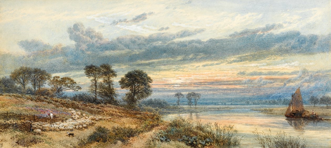 Solnedgang over elven (wc på papir) av Myles Birket Foster