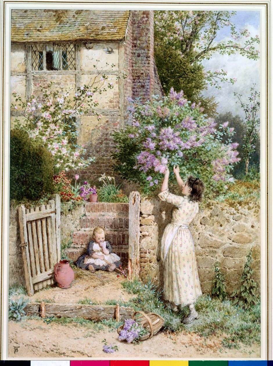 The Lilac Cottage (wc og kroppsfarge på papir) av Myles Birket Foster