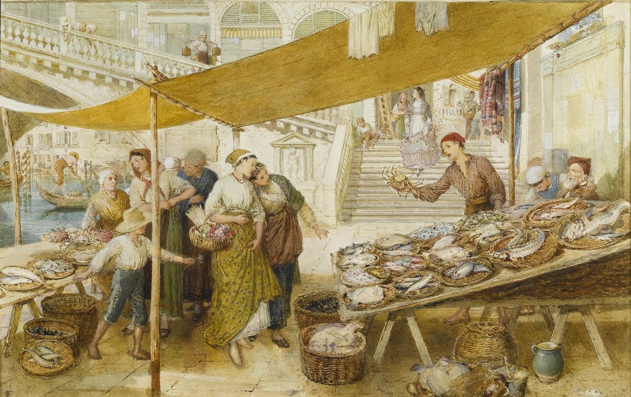 Fiskemarkedet på trinnene til Rialtobroen av Myles Birket Foster