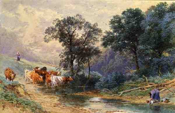At the Stream (akvarell på papir) av Myles Birket Foster