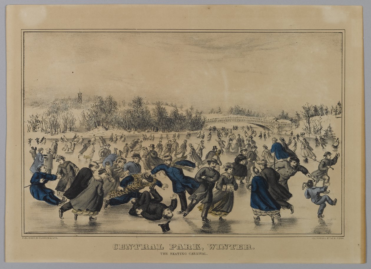Central Park, vinter. Skøytekarnevalet. (håndfarget litho) av N. and Ives, J.M. Currier