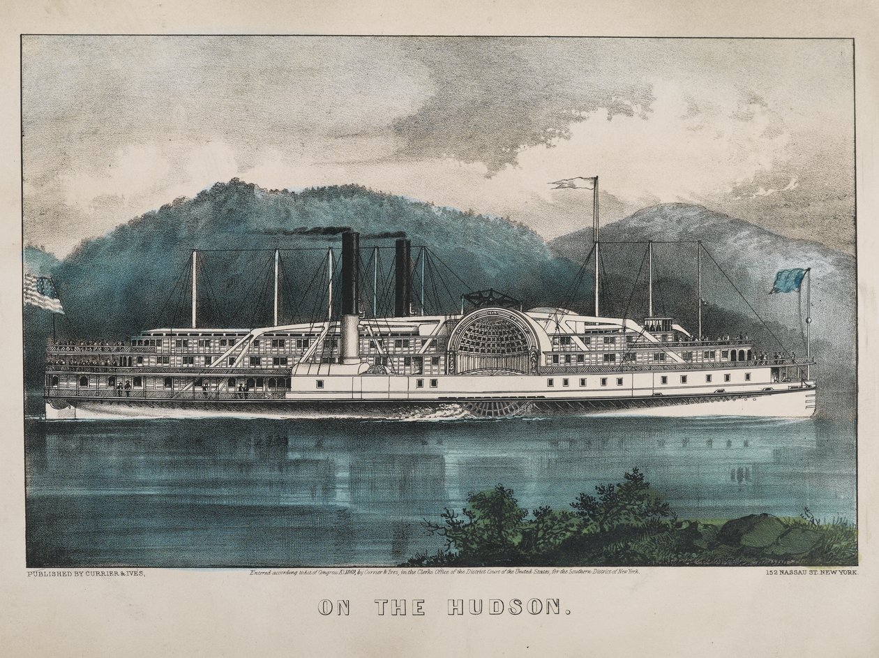 On the Hudson, 1869 (håndfarget litho) av N. and Ives, J.M. Currier