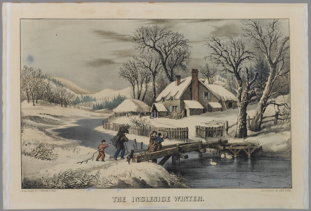 The Ingleside Winter (håndfarget litho) av N. and Ives, J.M. Currier