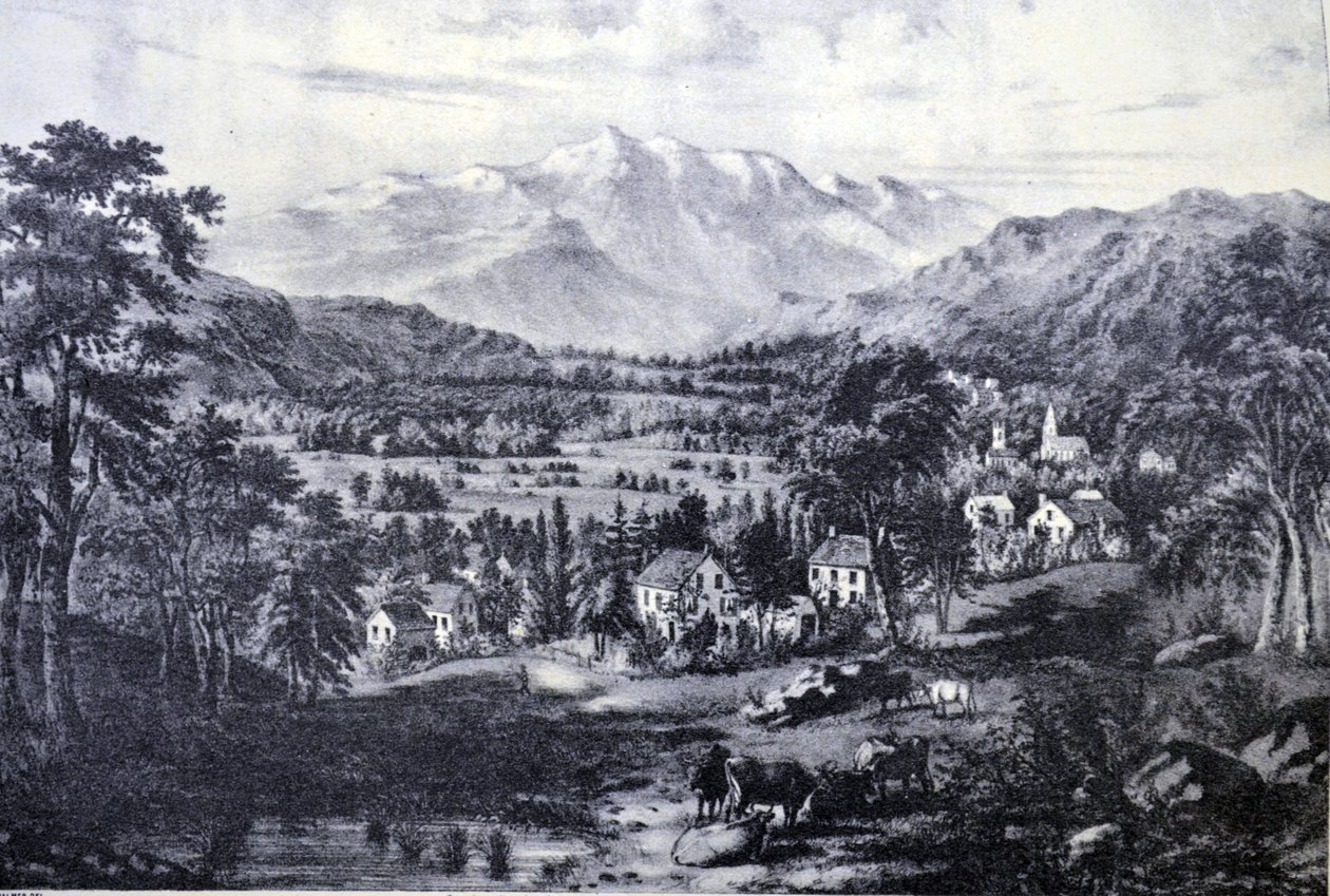 Currier & Ives Illustrasjon 1800-tallet. Mount Washington og de hvite fjellene. Fra Valley of Conway av N. and Ives, J.M. Currier