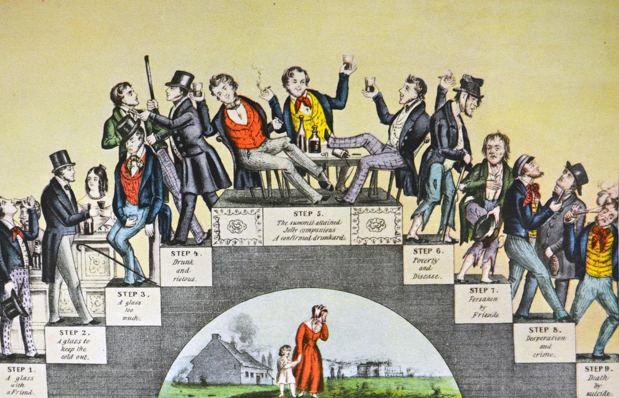 Currier & Ives Illustrasjon 1800-tallet. Drunkards fremgang, fra det første glasset til graven av N. and Ives, J.M. Currier