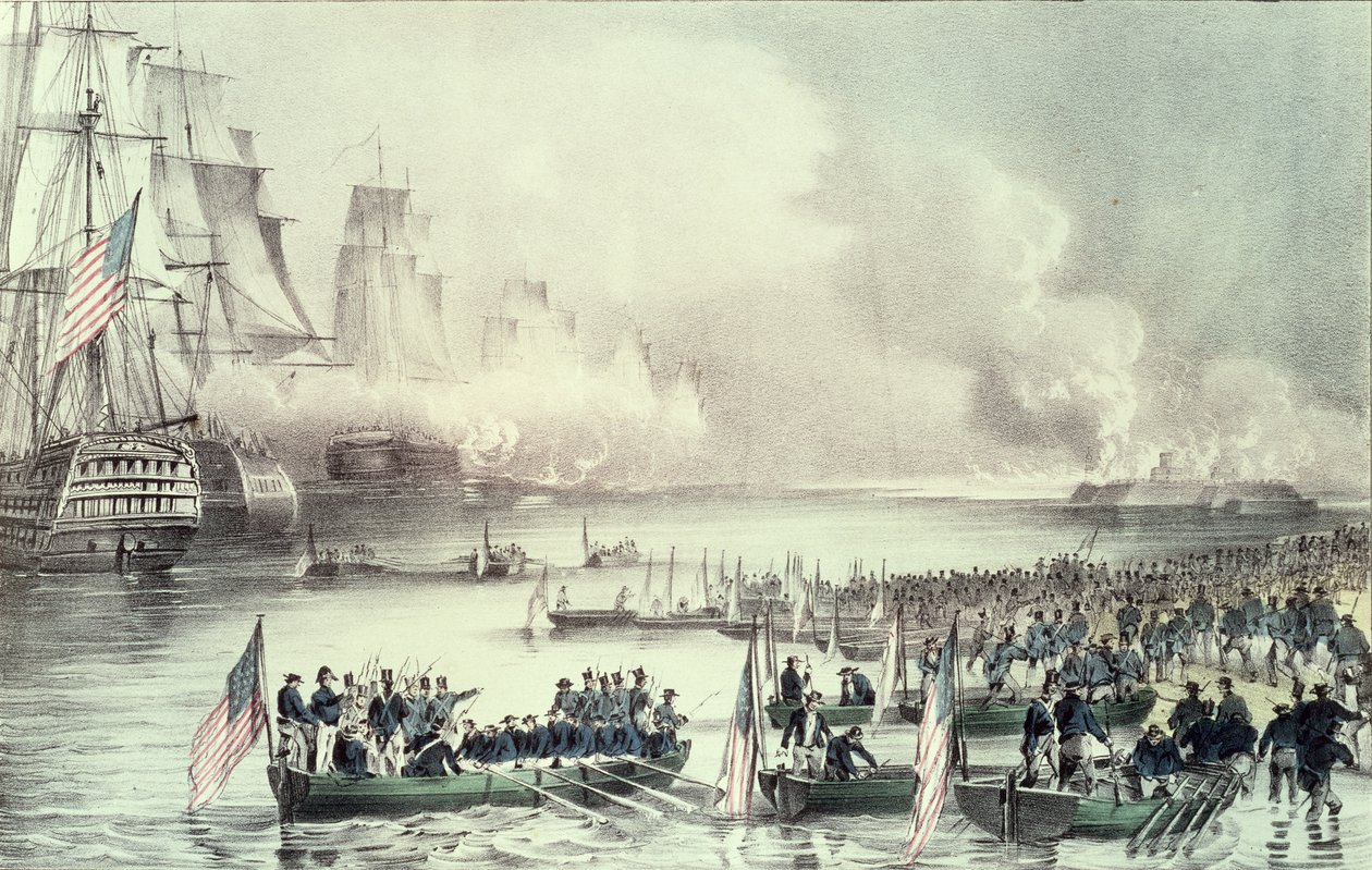 Landing av den amerikanske styrken ved Vera Cruz, under general Scott, mars 1847 av N. and Ives, J.M. Currier
