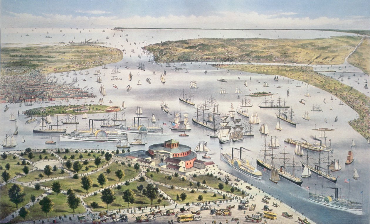 Port of New York, ser sørover, ca. 1880 av N. and Ives, J.M. Currier
