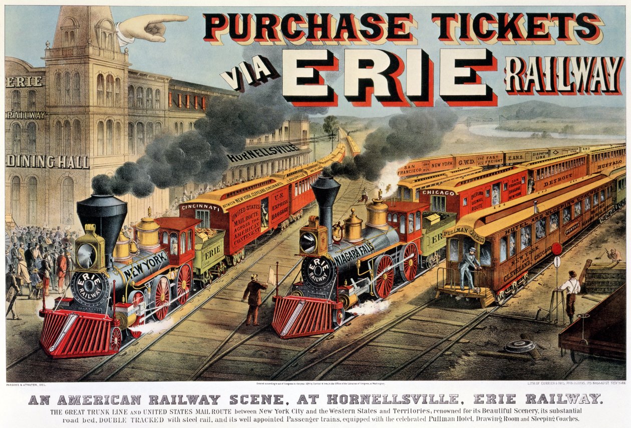 The American Railway Scene ved Hornellsville, Erie Railway (trykk, 1874) av N. and Ives, J.M. Currier