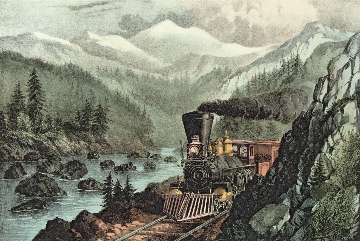 Ruten til California. Truckee River, Sierra Nevada. Central Pacific jernbane, 1871 av N. and Ives, J.M. Currier