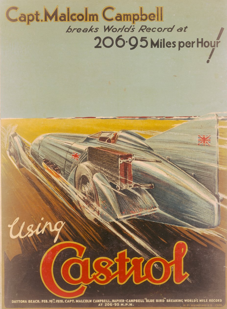 Plakat som reklamerer for Castrol, med Bluebird, 1928 av NF Humphries